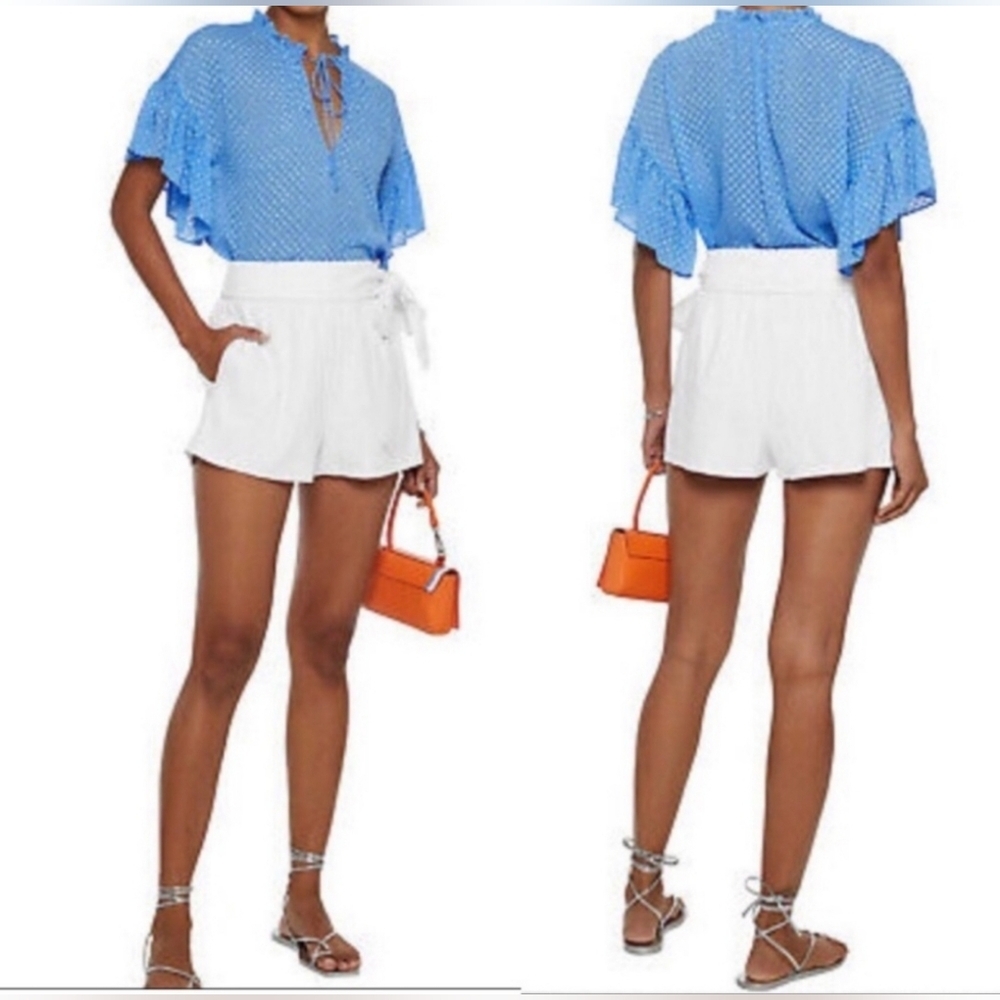 Alice + Olivia Julius Ruffle Peasant Blouse Blue Top Solid  Swiss Dot Ties  XS